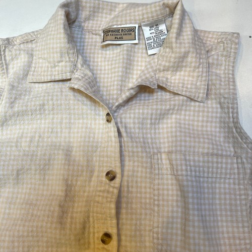 Stephanie Rogers Sleeveless Shirt Women's sz 1X Ecru Check Linen Cotton Blend - Picture 3 of 5