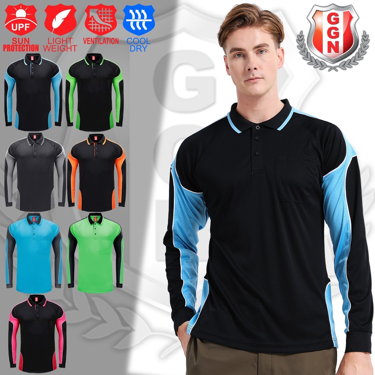 Mens Work Polo Shirt Long Sleeve Chest Pocket Cool Dry Uniform | eBay