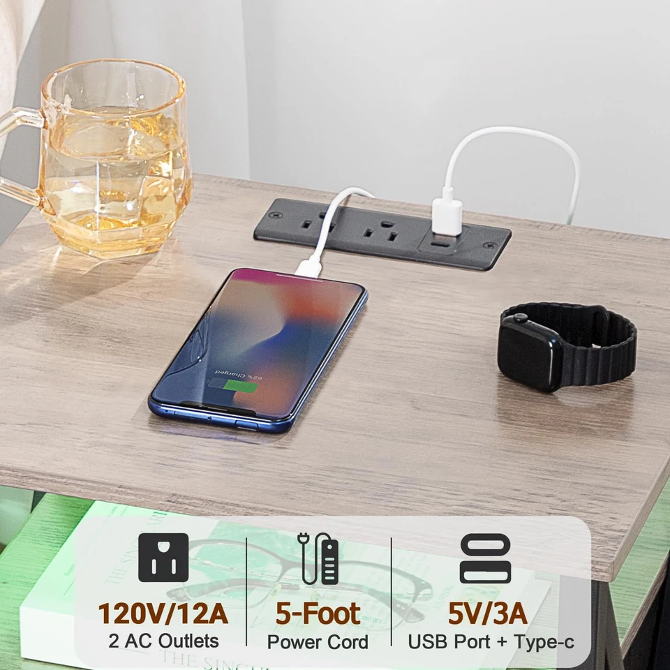 Night Stand Set 2, LED Nightstand with Charging Station, End Side Tables with... - Image 3 of 4