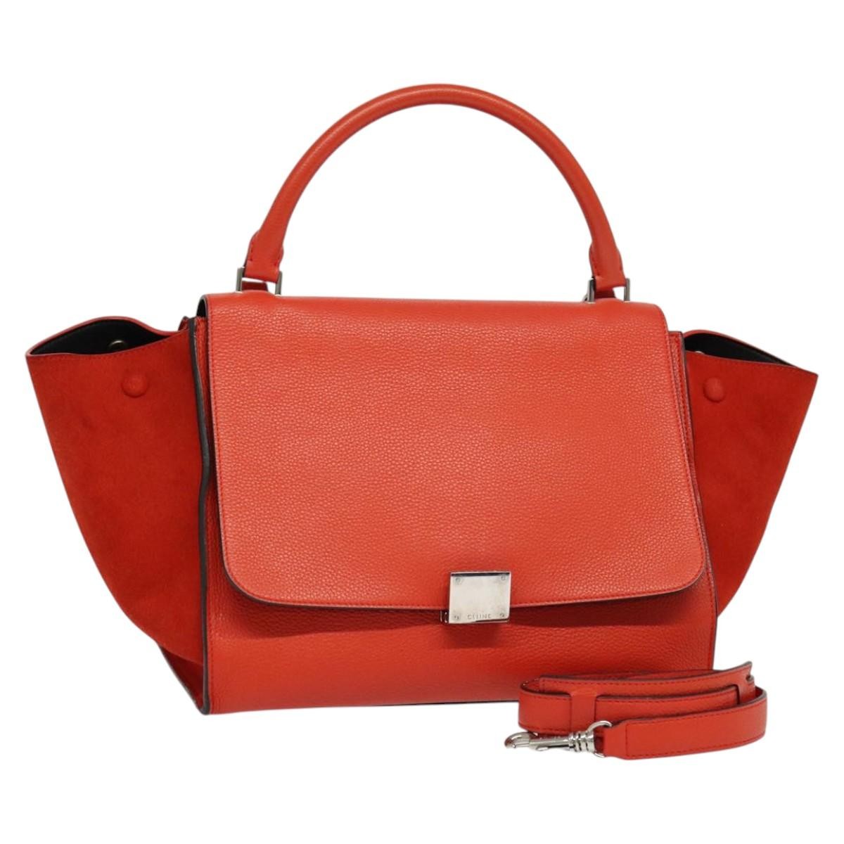 CELINE Trapeze Medium Hand Bag Suede Leather 2way Red Silver Auth gh084