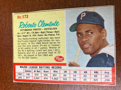 1962 Post Roberto Clemente #173 Red Line Around Stats