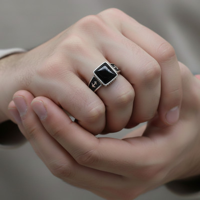 Herren Ritter Ring 925 Silber Anker Marine Onyx schwarz eckig nautischer Schmuck