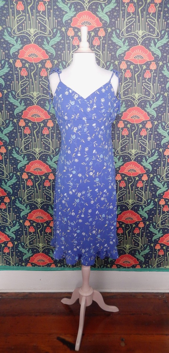 Vintage Y2K Blue Floral Empire Waist Slip Dress Flounce L/XL