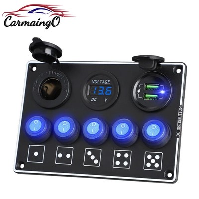 12V Toggle Ignition Switch Panel 5 Gang Voltmeter Dual USB Racing Car Truck Boat
