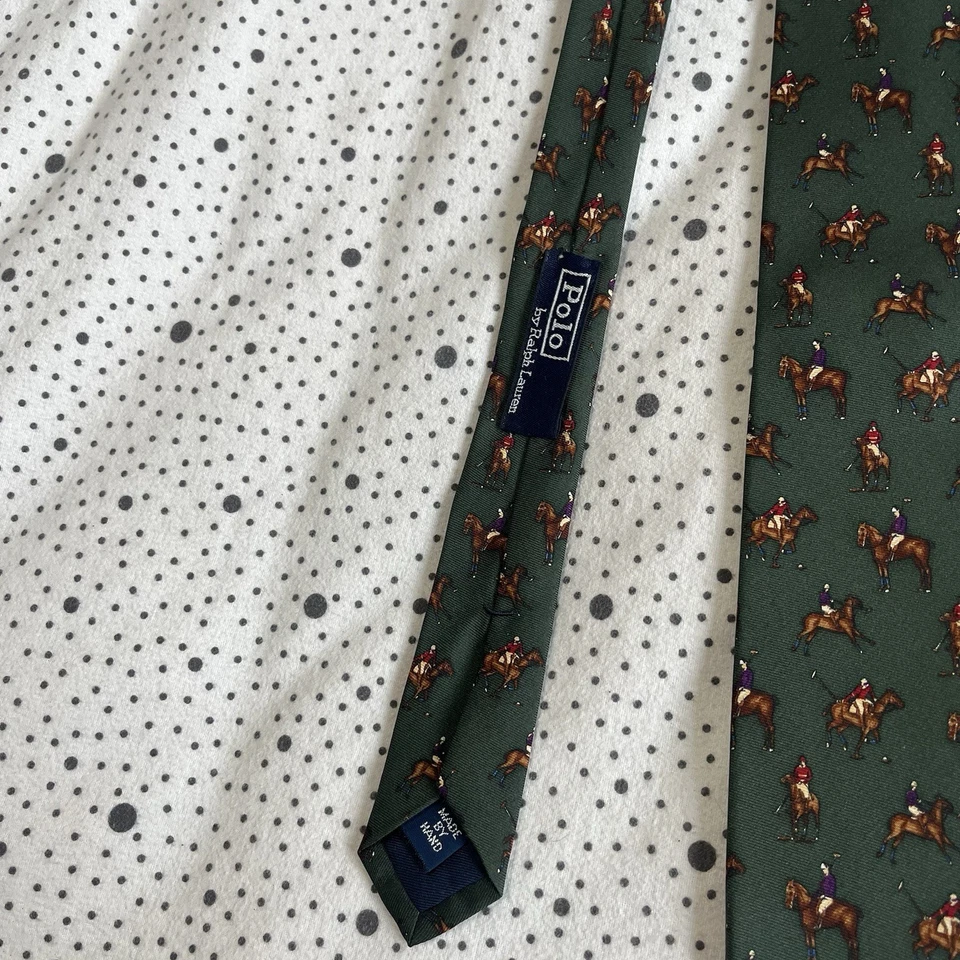 Polo Ralph Lauren de Colección Años 90 Corbata Cuello Para Hombre Verde Seda Caballo Polo AOP No. 001 Foto 2 de 4