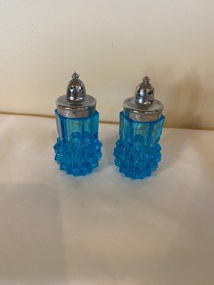 Vintage Aqua Blue Glass Diamond Point Salt & Pepper Shakers
