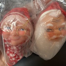 Vintage Pair Japan Rubber Face Santa Claus And Mrs Claus Ornaments NOS