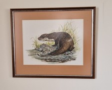 Vintage Otter Watercolour Painting A J Woodall Framed Wildlife Riverbank Art VGC