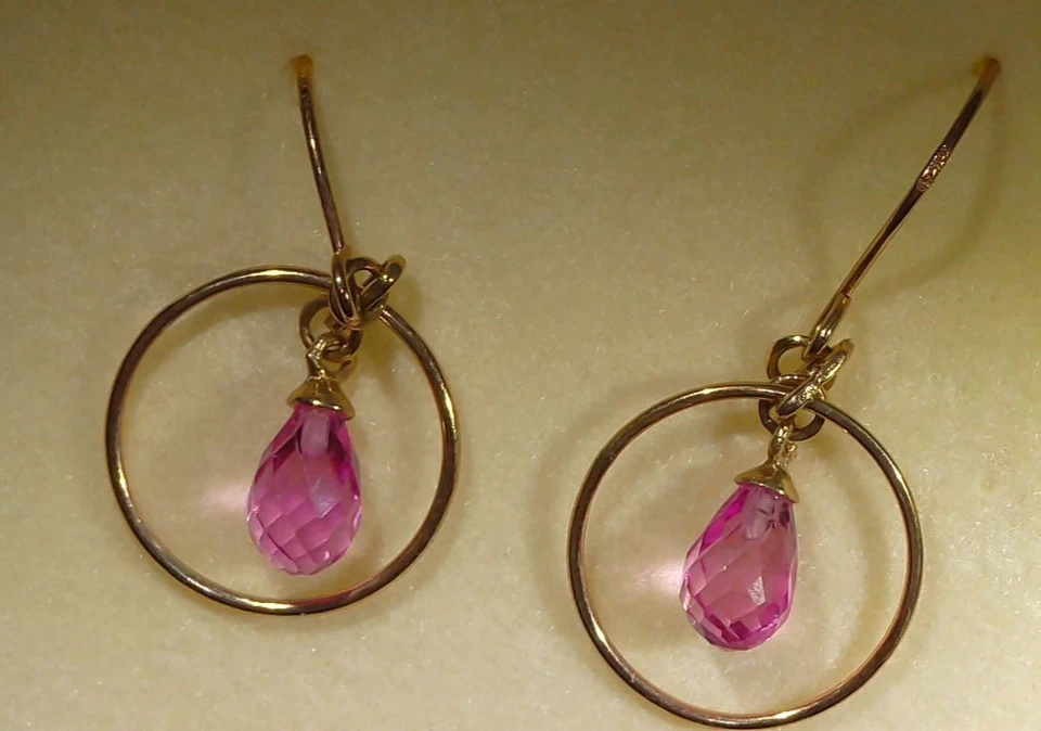 10K Gelbgold echte Briolette rosa Saphir Ohrhänger Fischhaken Ohrringe