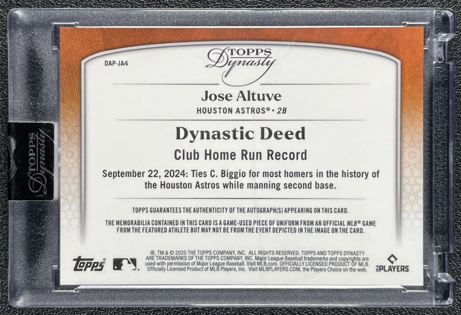 JOSE ALTUVE 2025 TOPPS DYNASTY #DAP-JA4 GAME USED PATCH AUTO 10/10 ASTROS view 2