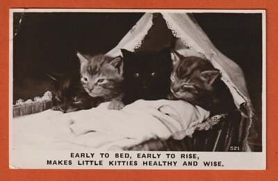 Echtfoto Postkarte 1935, drei Kätzchen, früh ins Bett früh zum Aufstehen