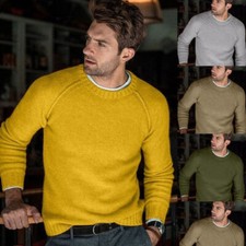 Mens Crew Neck Solid Knitted Chunky Jumper Casual Sweater Pullover Top Knitwear