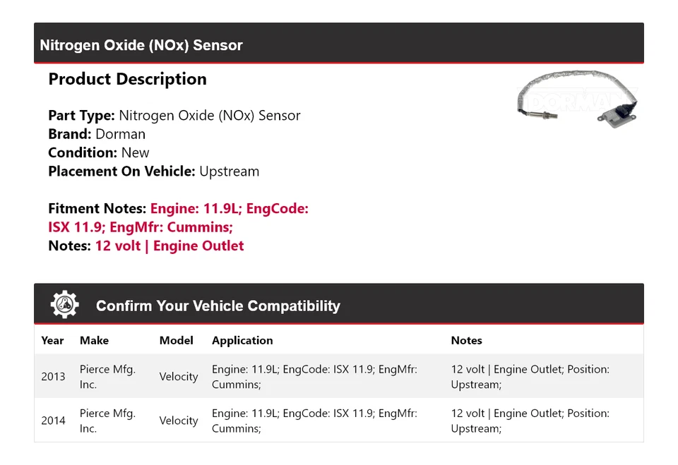 Para Pierce Mfg. 2013-2014 Sensor de óxido de nitrógeno (NOx) Inc. Velocity Dorman Foto 2 de 4