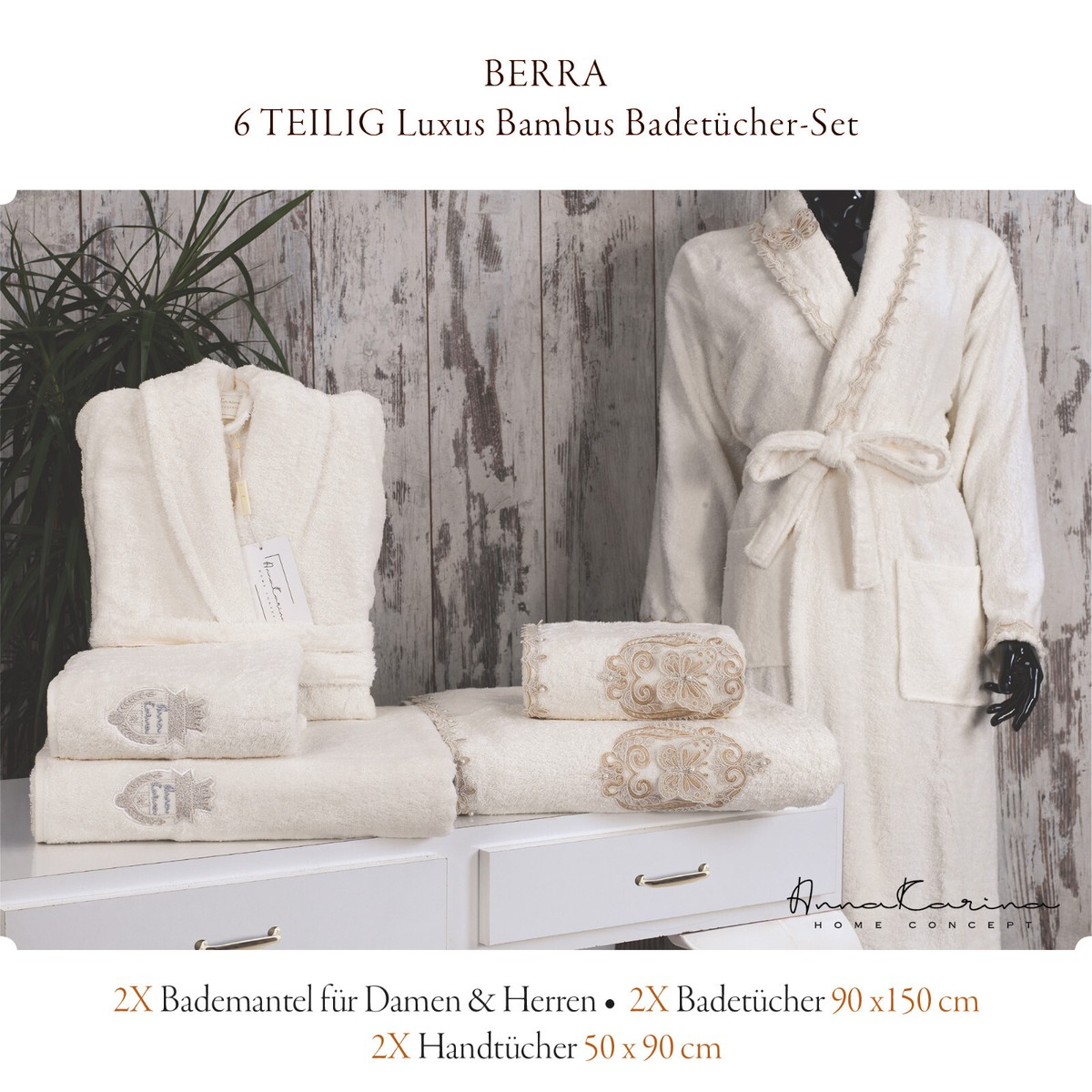 BERRA Bambus Badetcher-Set 2x Bademantel 2x Badetuch 2x Handtuch Rosa  Creme | eBay.de