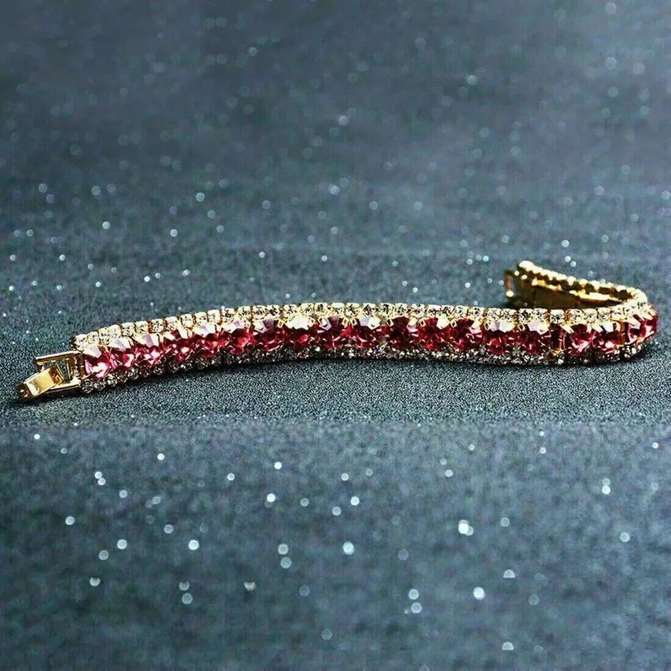 7 Ct Round Cut Lab Created Red Ruby Women's Bracelet Gift 14K Yellow Gold Plated - Image 3 of 4