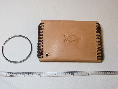Handmade leather coin key holder lite tan w/ brown 4'' X 2 3/4'' Praying hands