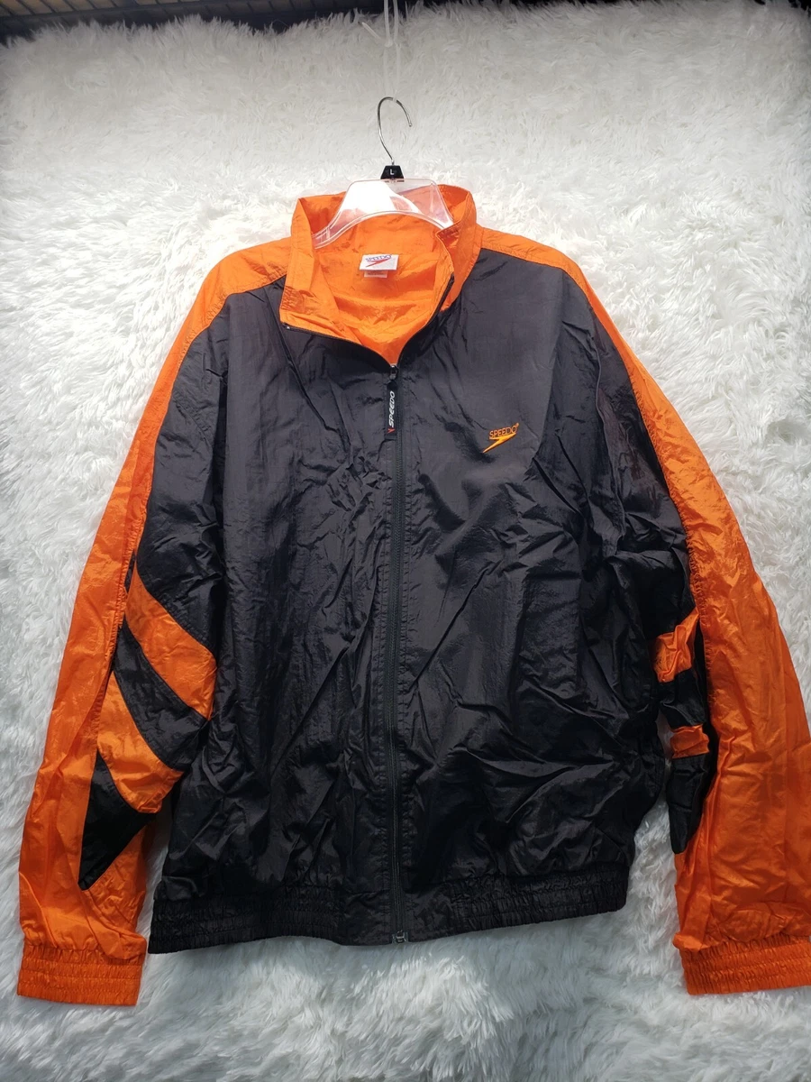 XL Men Speedo black orange windbreaker nylon rain coat swim jacket vintage XL