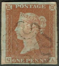 1841 1d Red Pl 39 QA 4m Late MX Recut Top Frame Very Good Used Cat.£100.00