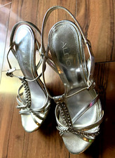 Aldo Silver Strappy Heeled Sandal, Size 38 shoe Rhinestones