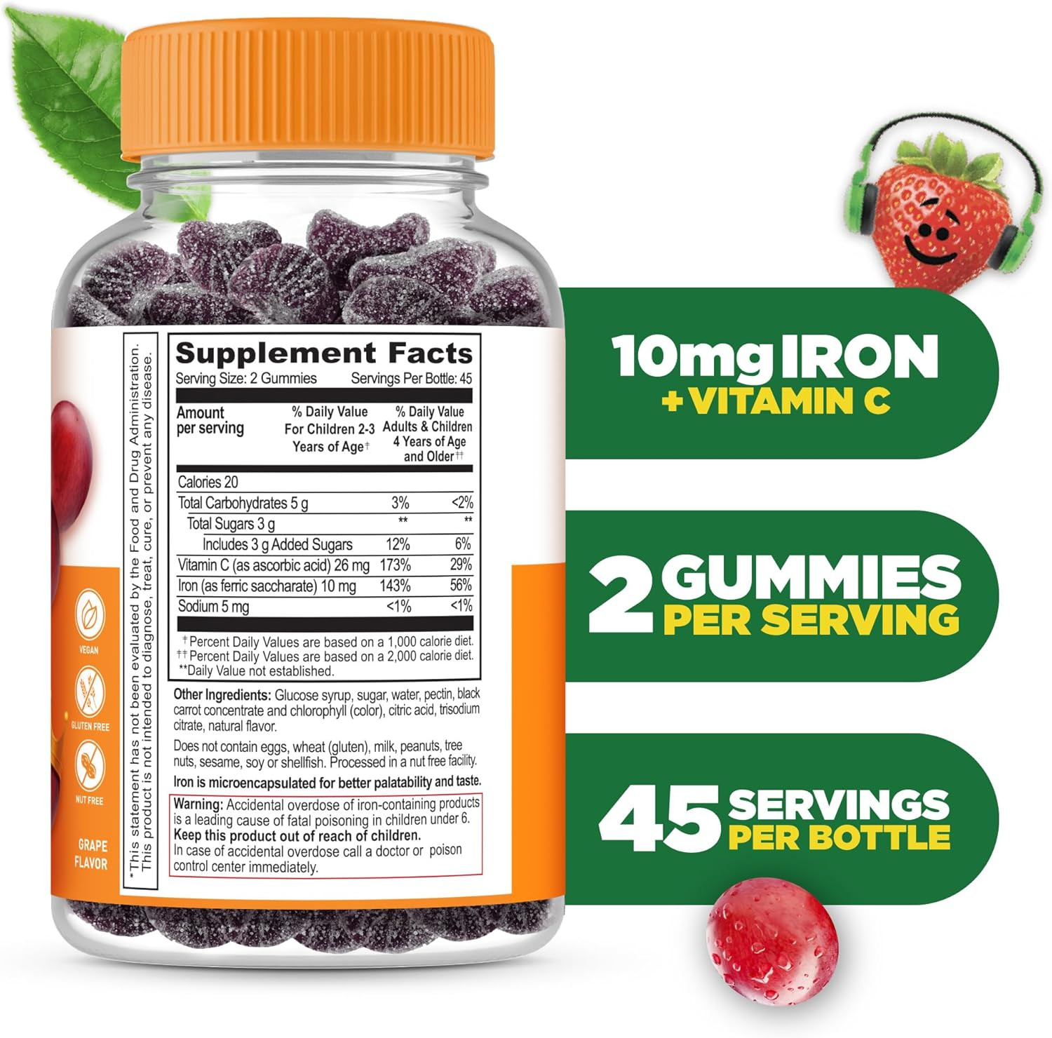 Iron Supplements for Kids | 10Mg | with Vitamin C | Great Tasting Iron Gummies f