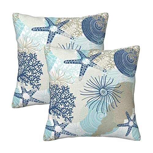 Coastal Farmhouse Throw 18x18-Inch with Ocean Starfish Seashell Nautical Design