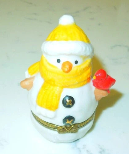 Department 56 Snowman w/ Red Bird Porcelain Hinged Trinket Box ~ Let it Snow
