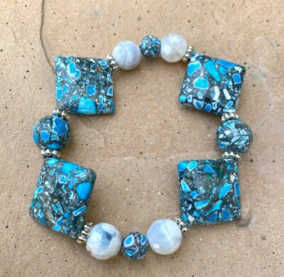 Turquoise Blue Bracelet Woman Mosaic Pattern Round Stone Beaded Blue Stackable 