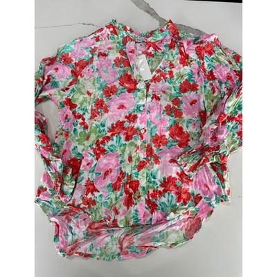 Fate Floral Button Down Blouse Pink Red Green Ruffle Neck Smocked Cuff Rayon M