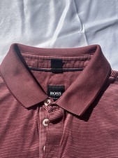 Hugo Boss Maroon Polo with Subtle Stripes. Features A Classic Collar and Cuffs
