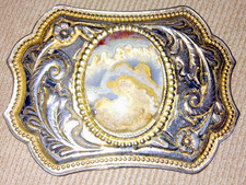 VINTAGE GOLD or BRASS PLTD WESTERN BELT BUCKLE CABOCHON JASPER MARBLE STONE