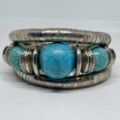 Vintage Turquoise Color Howlite Beaded Silver Tone Layered Snake Wrap Bracelet
