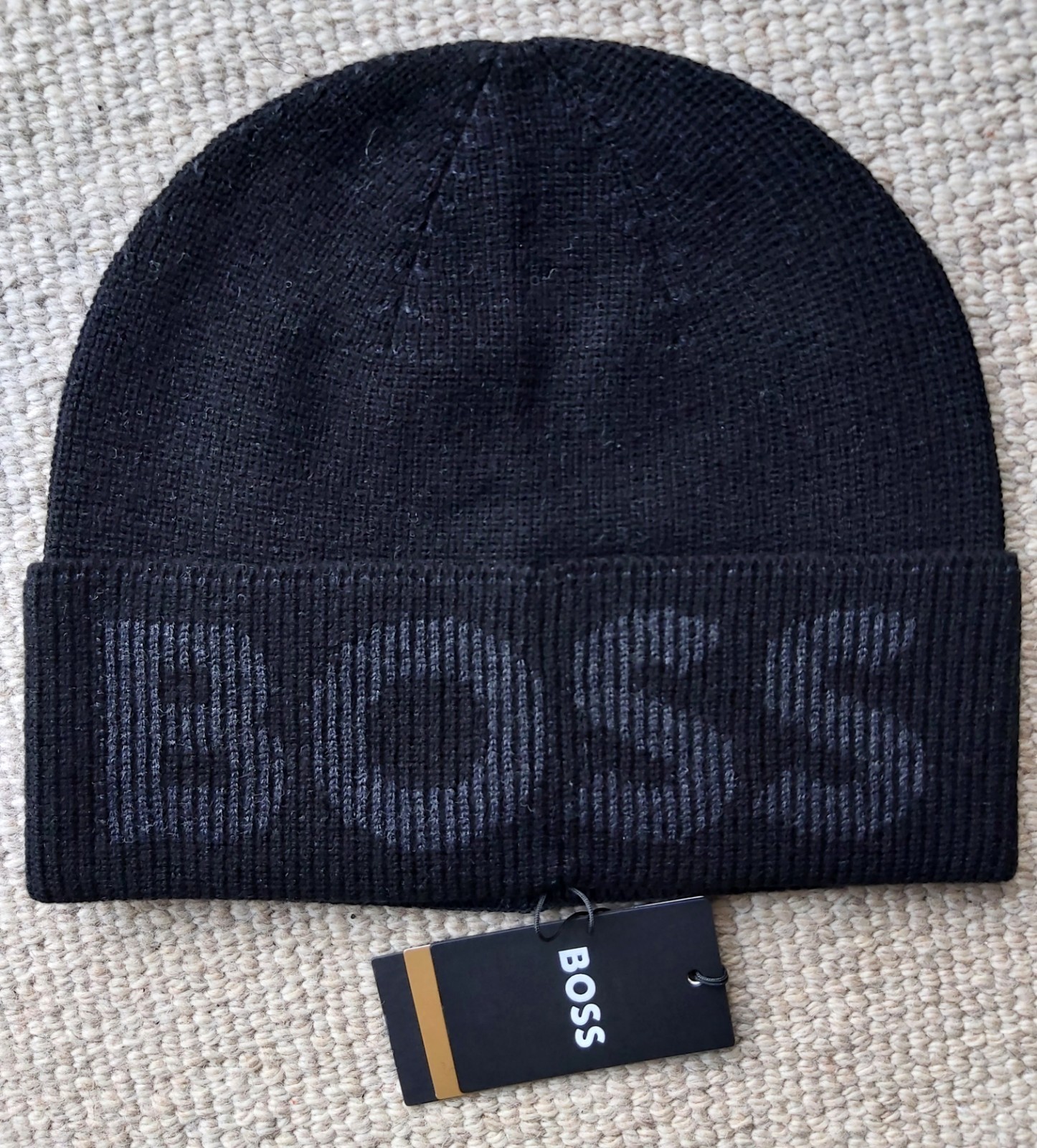 Genuine HUGO BOSS Black 10% Wool Logo BEANIE Hat 50475939