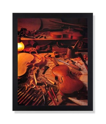 Making of an Old Wood Fiddle Violin Picture Black Framed Art Print