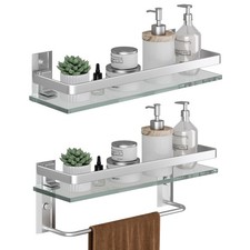 Bathroom Shelves Wall Mounted, Clear Tempered Glass Shelf with Towel Bar, Han...