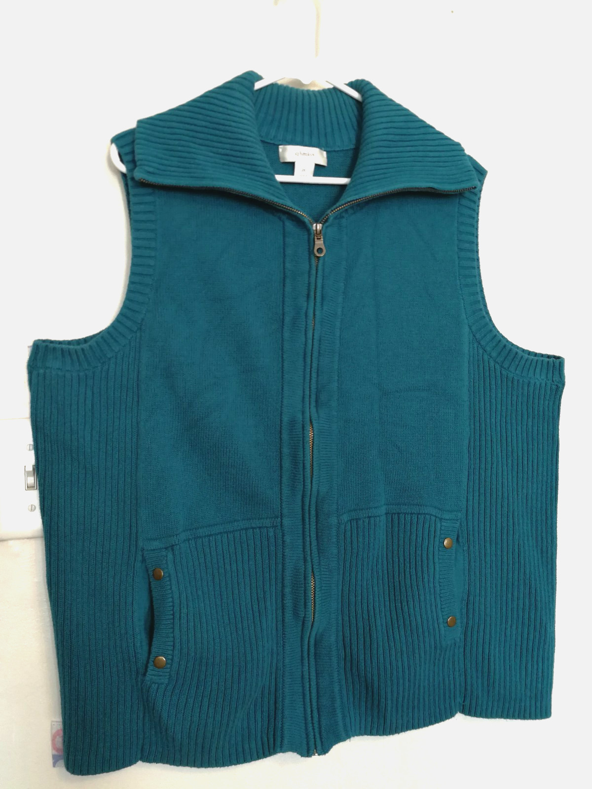 CJ Banks Womens Cardigan Sweater 2X Teal Blue Full Zip Vest Sleeveless Pockets