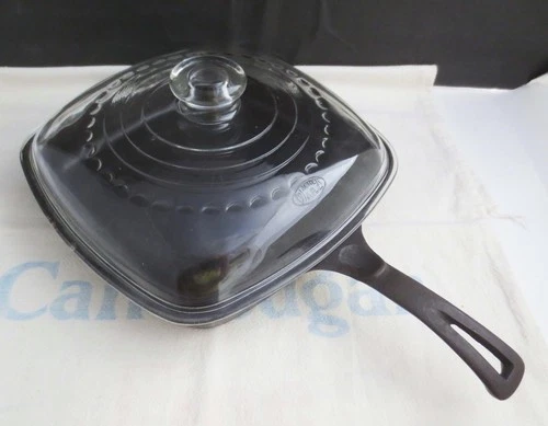 Vintage Wagner Ware Square 1218 B Cast Iron Skillet With Rare Glass Lid Fry Pan