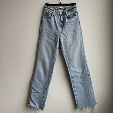 Zara Straight Wide Flare Leg Blue Solid Wash Raw Hem Jeans High Rise Size 2 / 34