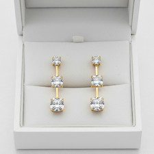 14K Yellow Gold 3 Stone CZ Drop Dangle Earrings Round Cut Sparkling Gift for Her