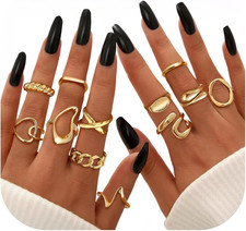 12 PCS Stackable Gold Rings for Women Adjustable Open Chunky Rings,14K Gold Plat