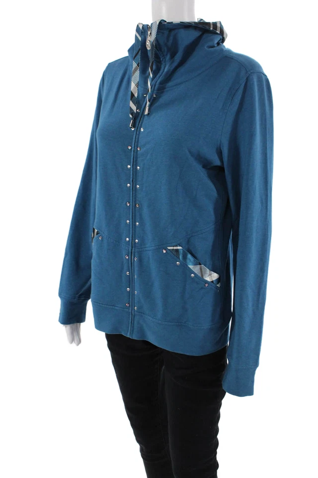 Christine Alexander Womens Front Zip Mock Neck Plaid Trim Jacket Blue Large - Image 2 of 4