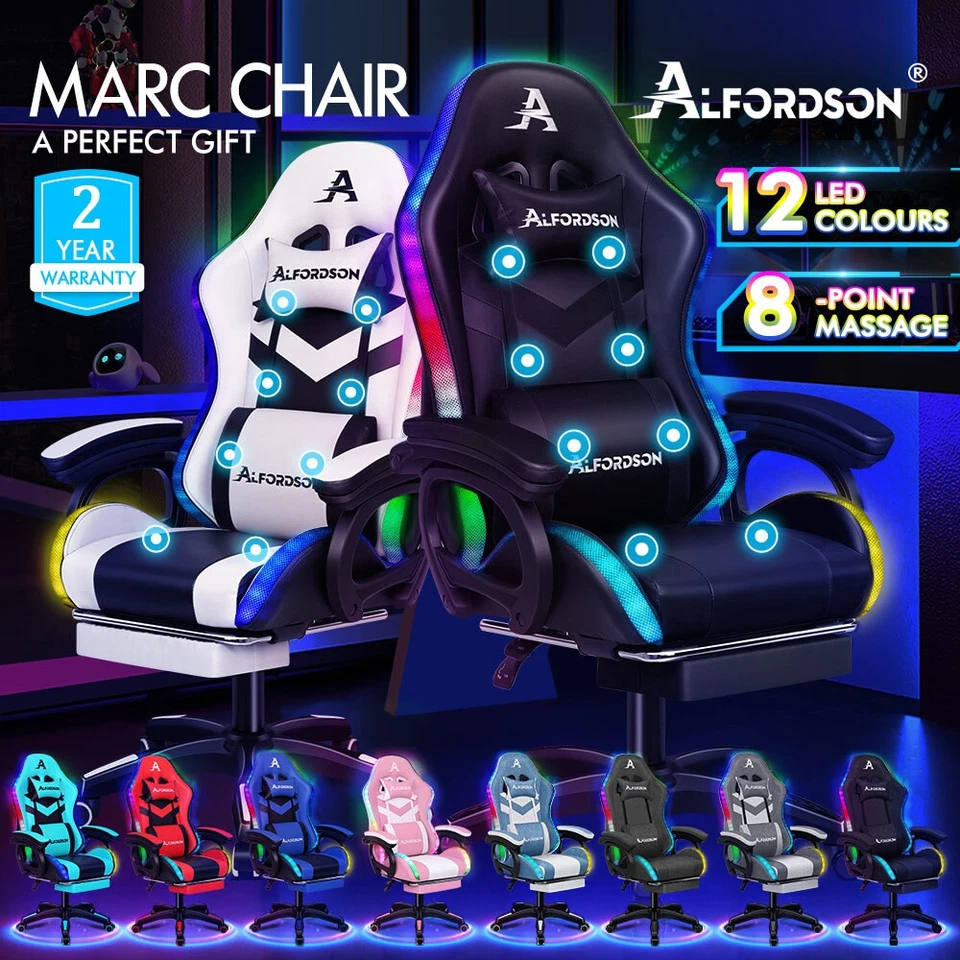 ALFORDSON Chaise Gaming Chaise de Bureau avec LED et Massant 8 Points Cuir/Tissu - Photo 2/3