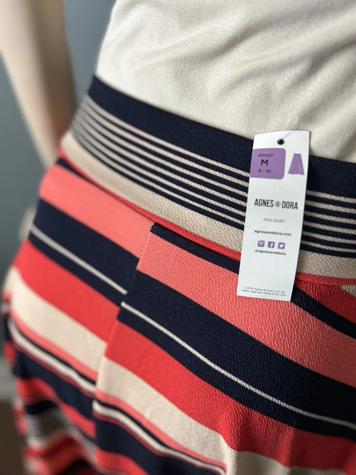 NEW Agnes & Dora Navy Blue Coral& Cream Stripped Skirt Size M (8-10) Pockets - Image 4 of 4