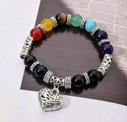 Gorgeous Colourful Chakra Balance Silver Heart Bead Bracelet