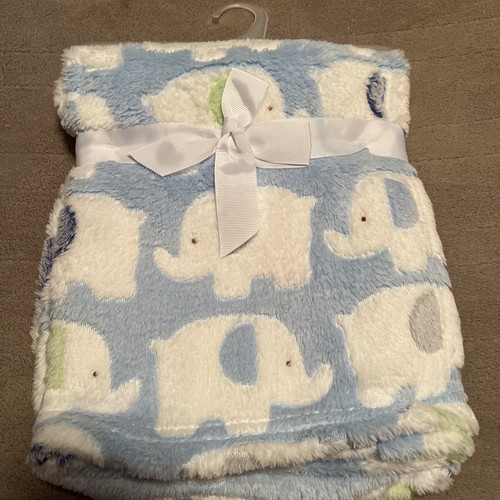 Cutie Pie Blue Baby Blanket White Elephants Green Blue Ears New - Picture 3 of 6