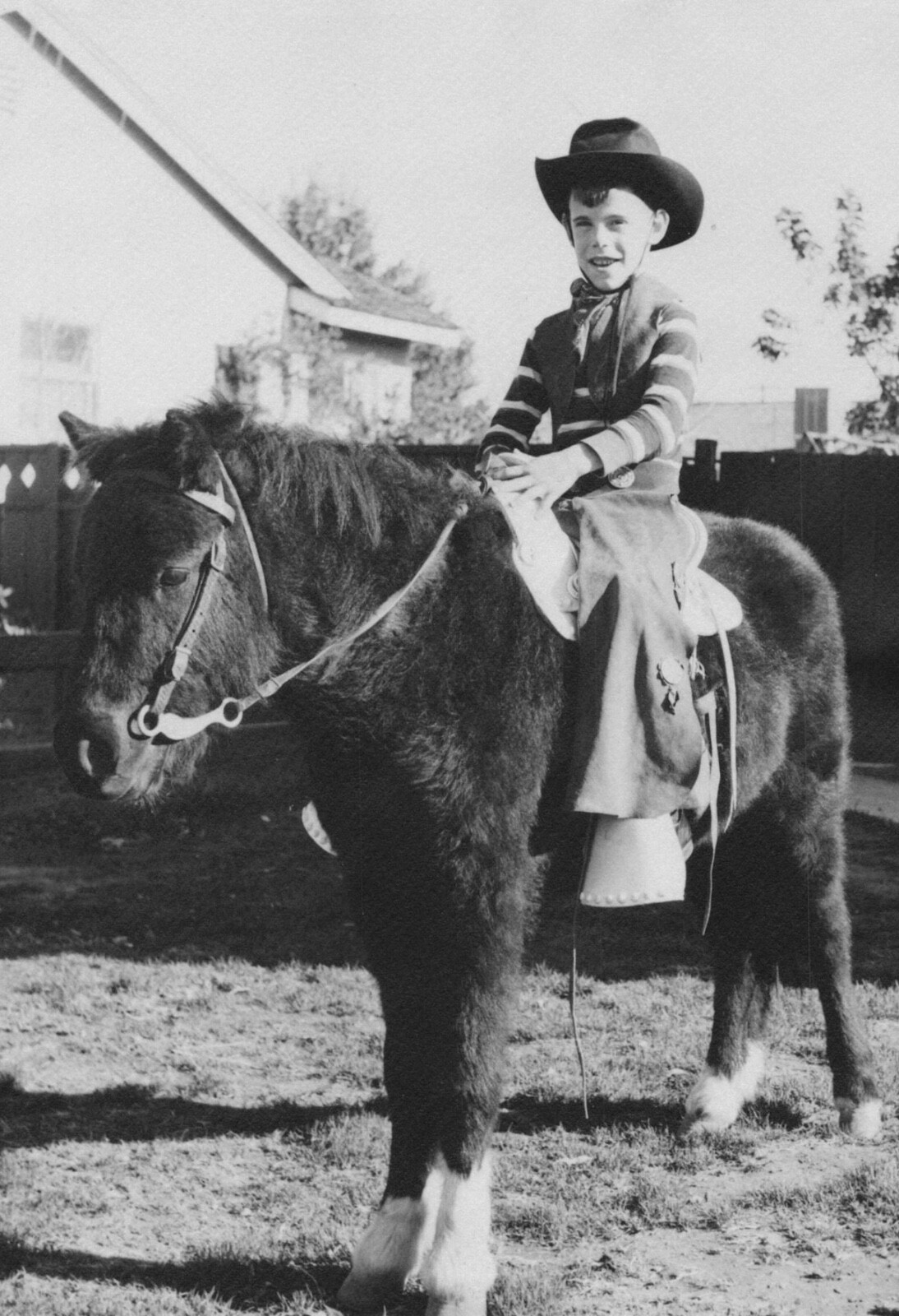 Cappello da cowboy anni 50 ragazzo pony cortile recinzione casa braccio rialzato