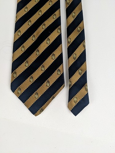 Portia Tie Sweden Navy Gold Striped Crest Motif Classic Style Traditional Prepoy - Picture 5 of 6