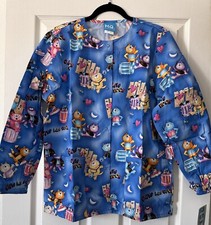 NWT Scrub H.Q. Cats Rock Cats Are Cool Garbage Cans LS Blue Scrub Top Size XS