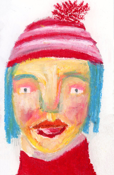 Woman Portrait Painting Pink Striped Pom Hat Naive Outsider Winter Art Miz Katie