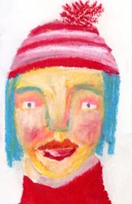 Woman Portrait Painting Pink Striped Pom Hat Naive Outsider Winter Art Miz Katie