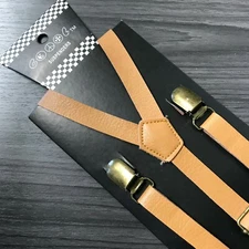 Light Brown FauxLeather Vintage Skinny Adjustable 3Clips Gold Clips-on Suspender